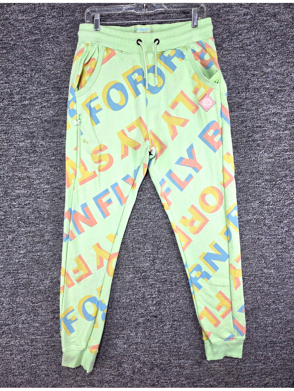 Born Fly Men's Green Multicolor Logo Jogger Sweatpants M Drawstring Pockets